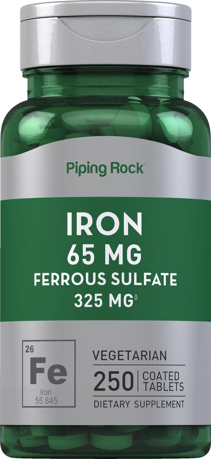 Piping Rock Fer Ferreux Sulfate 65 mg 250 comprimés devant l'emballage