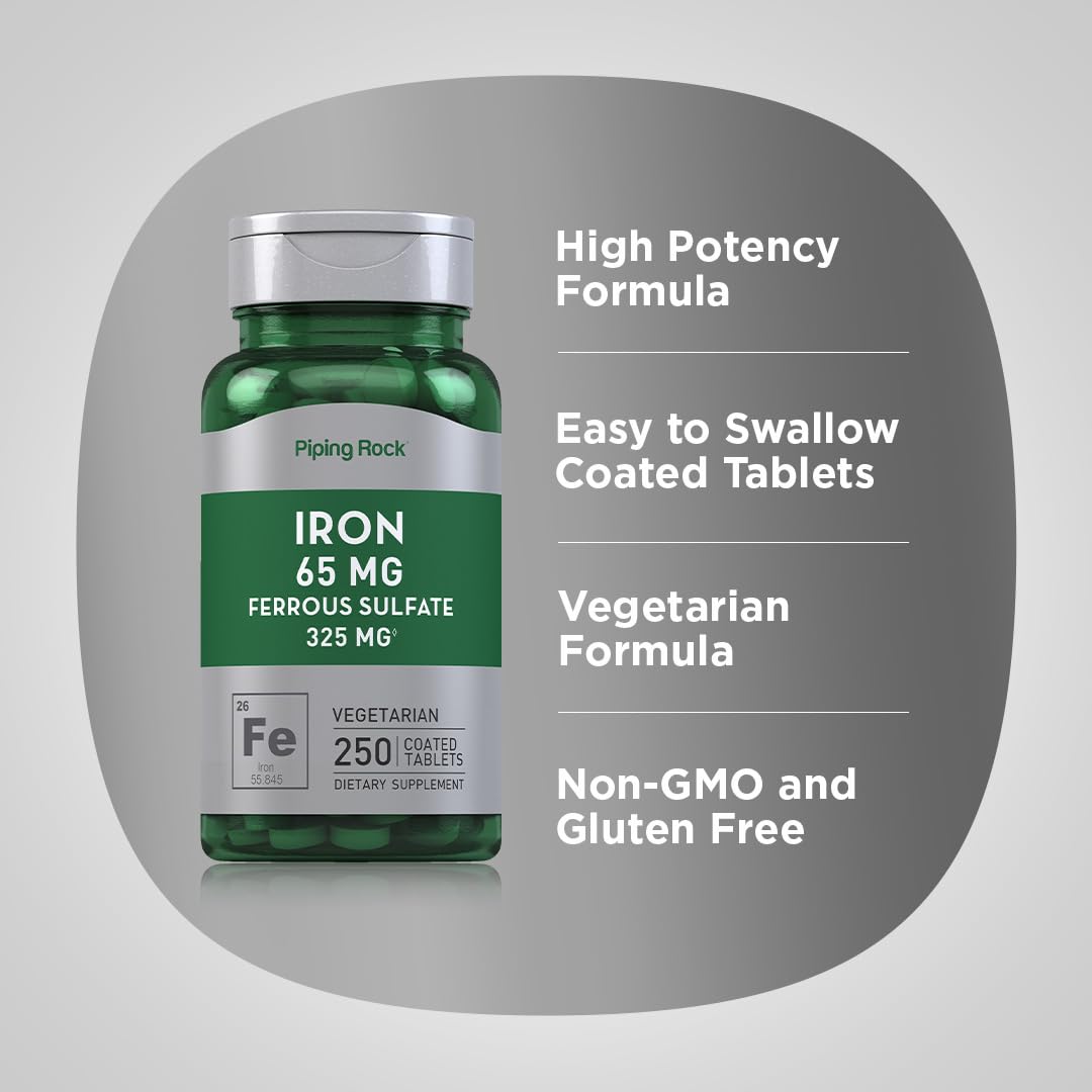 Piping Rock Fer Ferreux Sulfate 65 mg comprimés avec des ingrédients naturels