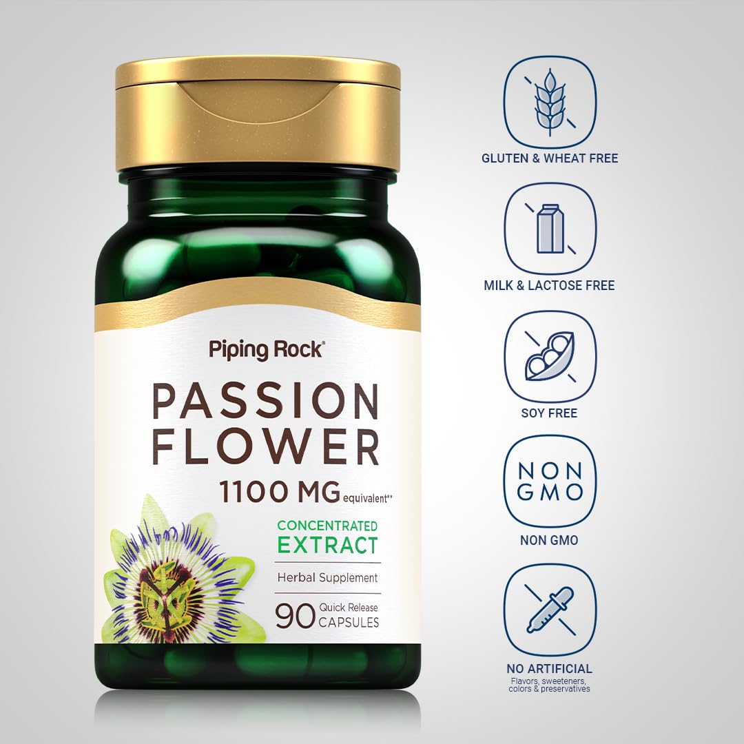 Piping Rock Fleur de Passion 1100 mg capsules sur une table en bois