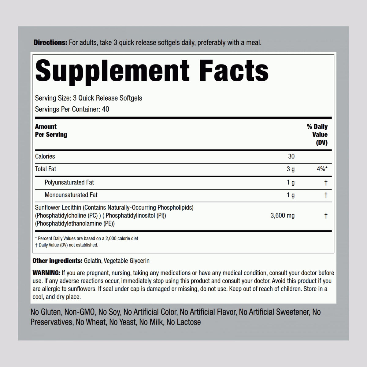 Piping Rock gélules de lécithine de tournesol 3600 mg capsules