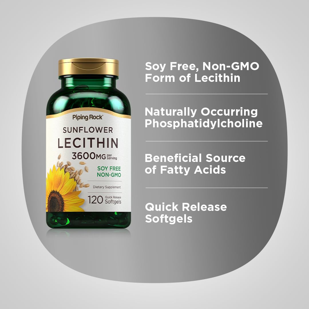 Piping Rock gélules de lécithine de tournesol 3600 mg près d'un verre d'eau