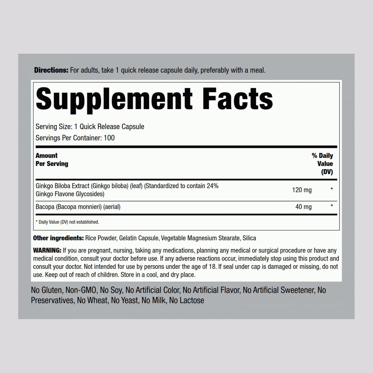 Piping Rock Ginkgo Biloba 120mg capsules side view