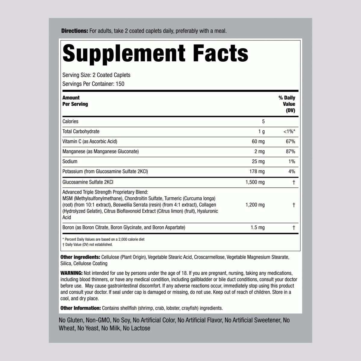 Piping Rock Glucosamine Chondroitin MSM comprimés 300 side view