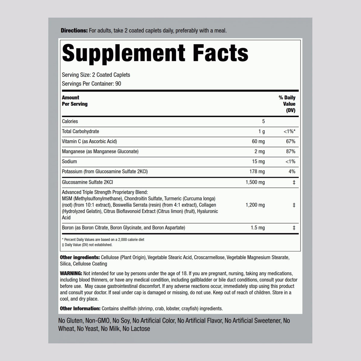 Piping Rock Glucosamine Chondroitin MSM Curcuma dosage de 1500 mg par portion