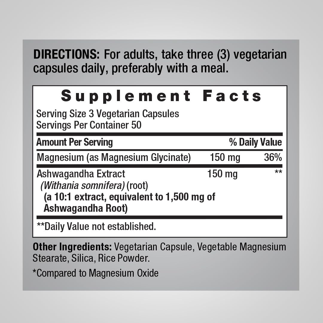 Piping Rock Glycinate de Magnésium et Ashwagandha capsules sur fond blanc