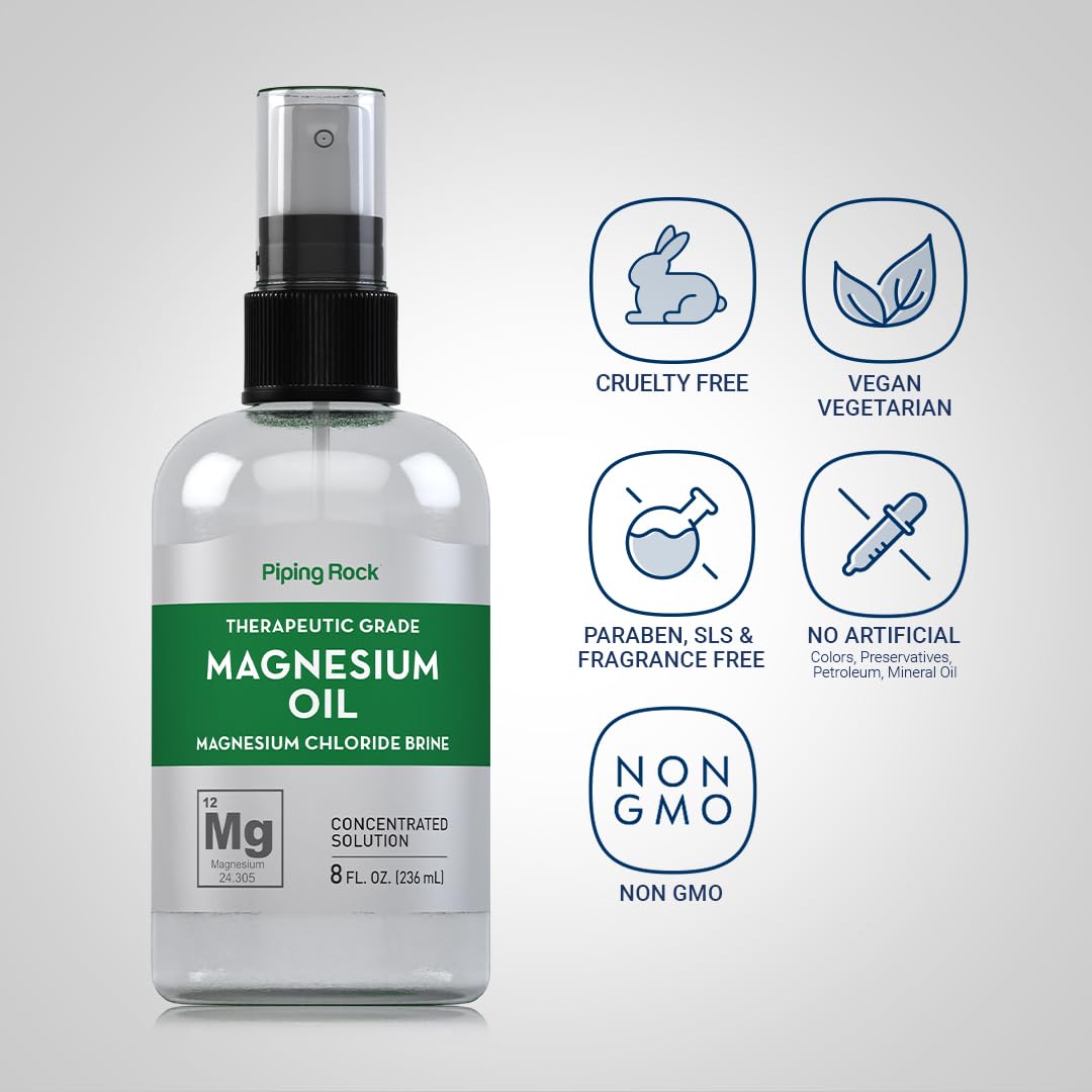 Piping Rock Huile de Magnésium Pure 8 Fl Oz côté avec bouchon