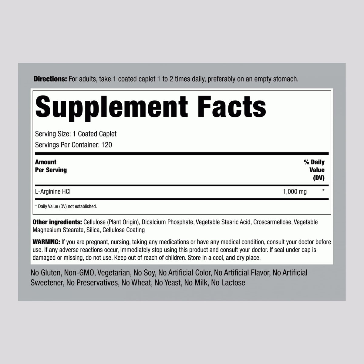 Piping Rock L-Arginine HCl 1000mg 120 comprimés emballage