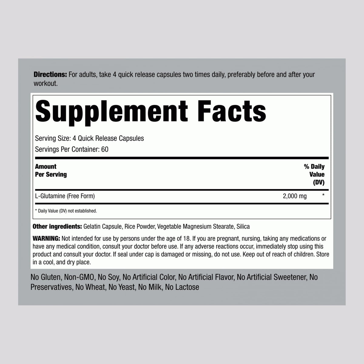 Piping Rock L-Glutamine capsules avec étiquette