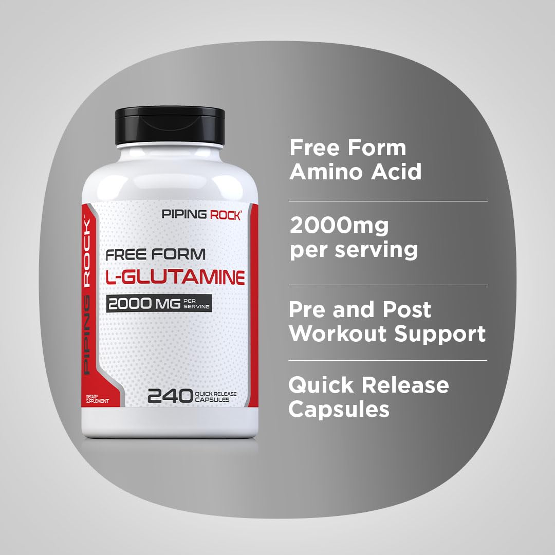 Piping Rock L-Glutamine capsules sur une table
