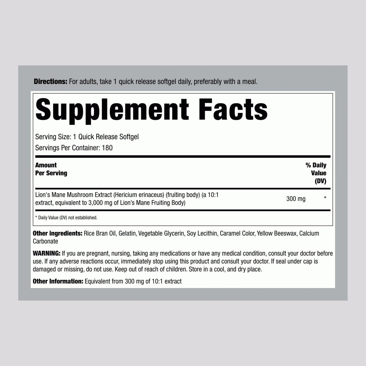 Piping Rock Lion's Mane 180 capsules softgel side view