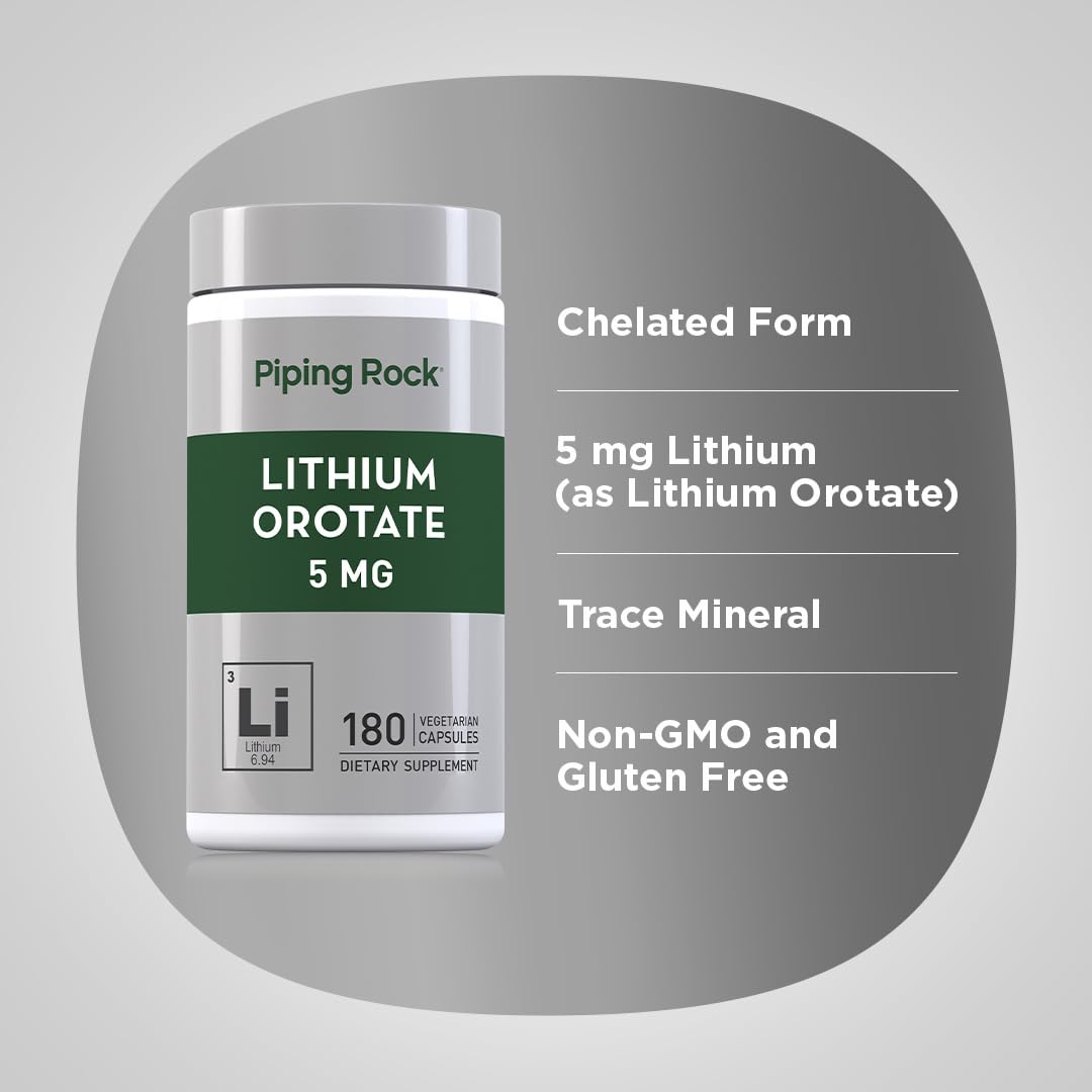 Piping Rock Lithium Orotate 5mg bottle on a white background