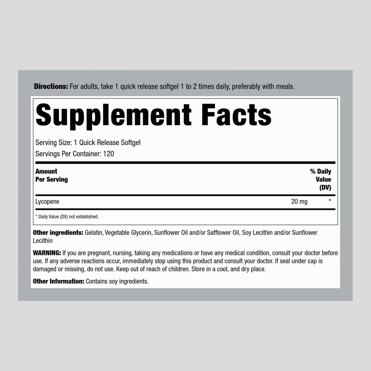 Piping Rock Lycopène 20mg gélules arrière avec informations nutritionnelles