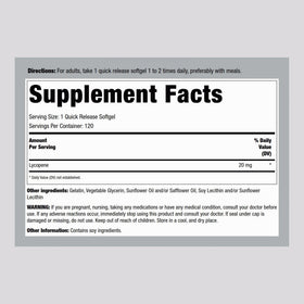 Piping Rock Lycopène 20mg gélules arrière avec informations nutritionnelles
