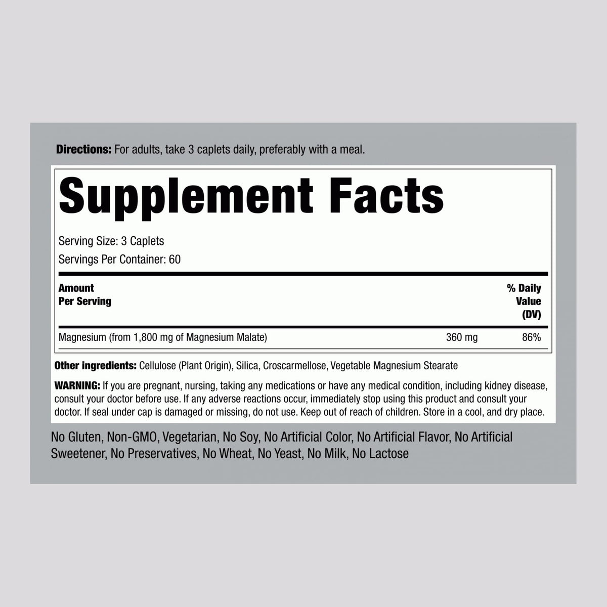 Piping Rock Magnésium Malate 1800 mg boîte avec 180 comprimés