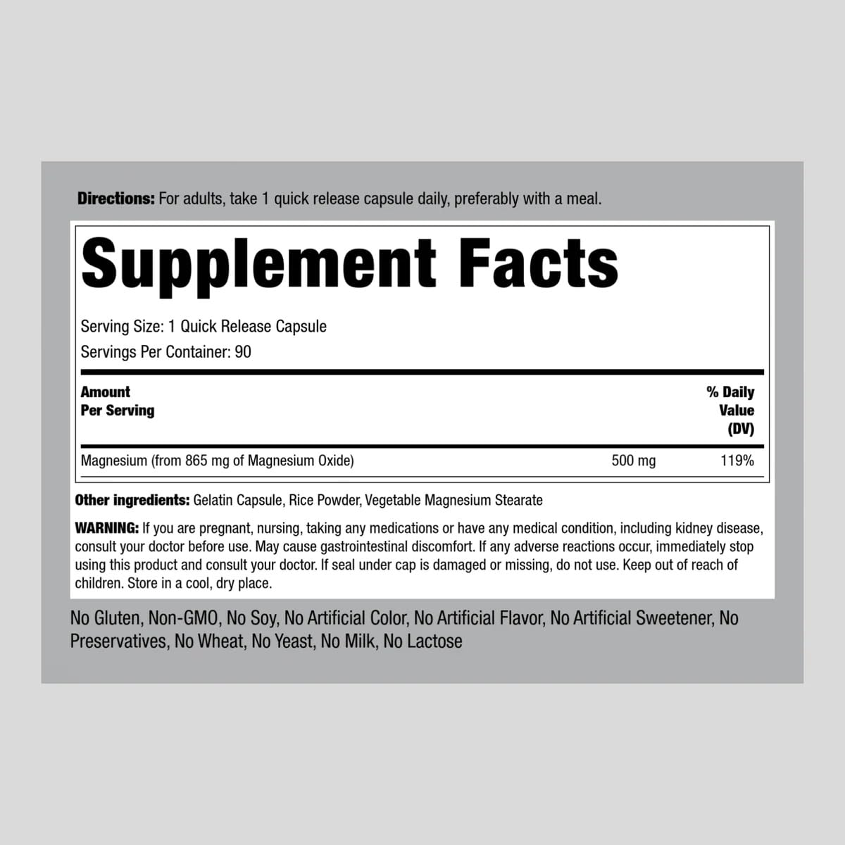 Piping Rock Magnésium Oxyde 500 mg flacon avec 90 capsules