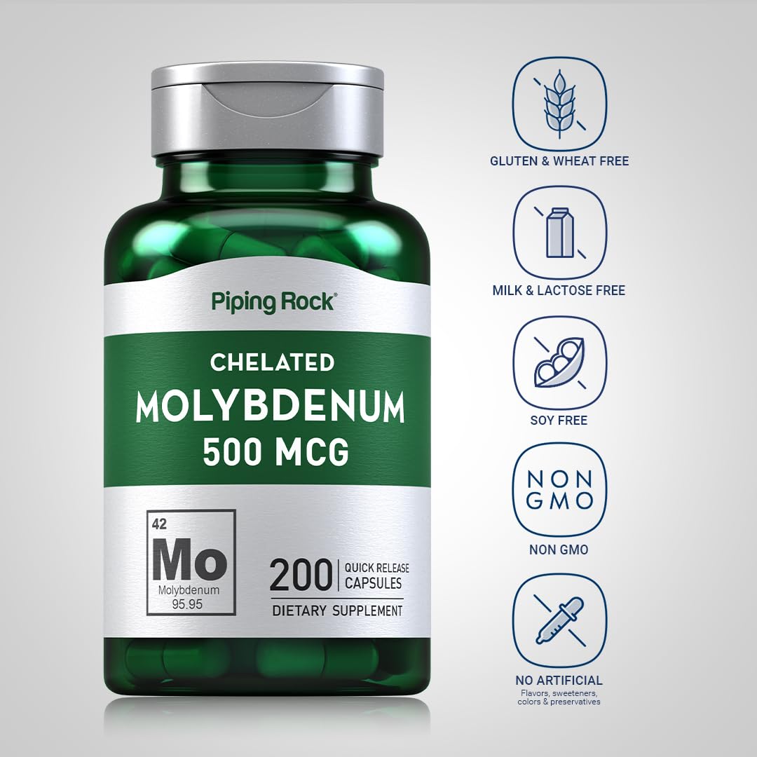 Piping Rock Molybdène 500 mcg Capsules avec étiquette détaillée