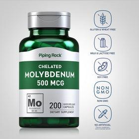 Piping Rock Molybdène 500 mcg Capsules avec étiquette détaillée