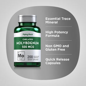 Piping Rock Molybdène 500 mcg Capsules ouvertes sur une table