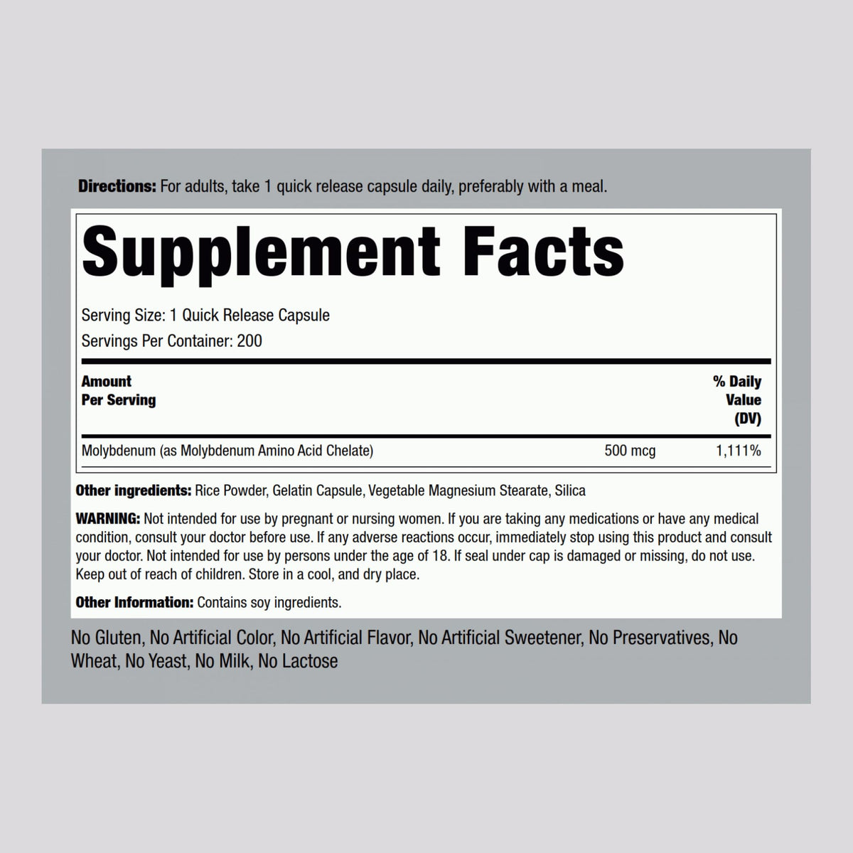 Piping Rock Molybdène 500 mcg Capsules vue arrière
