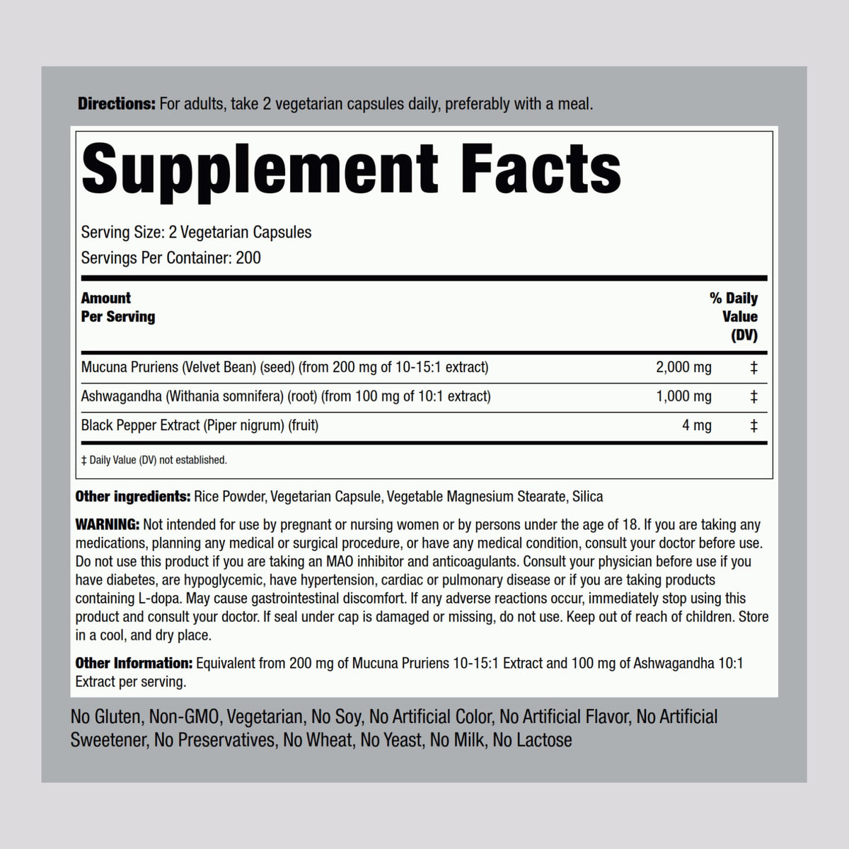 Piping Rock Mucuna Ashwagandha 200 capsules emballage