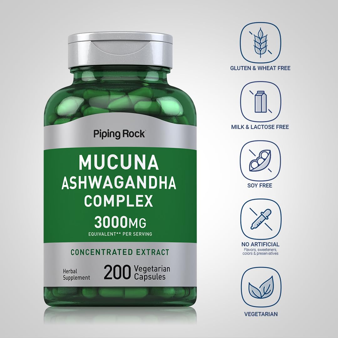 Piping Rock Mucuna Ashwagandha capsules à côté d'une main