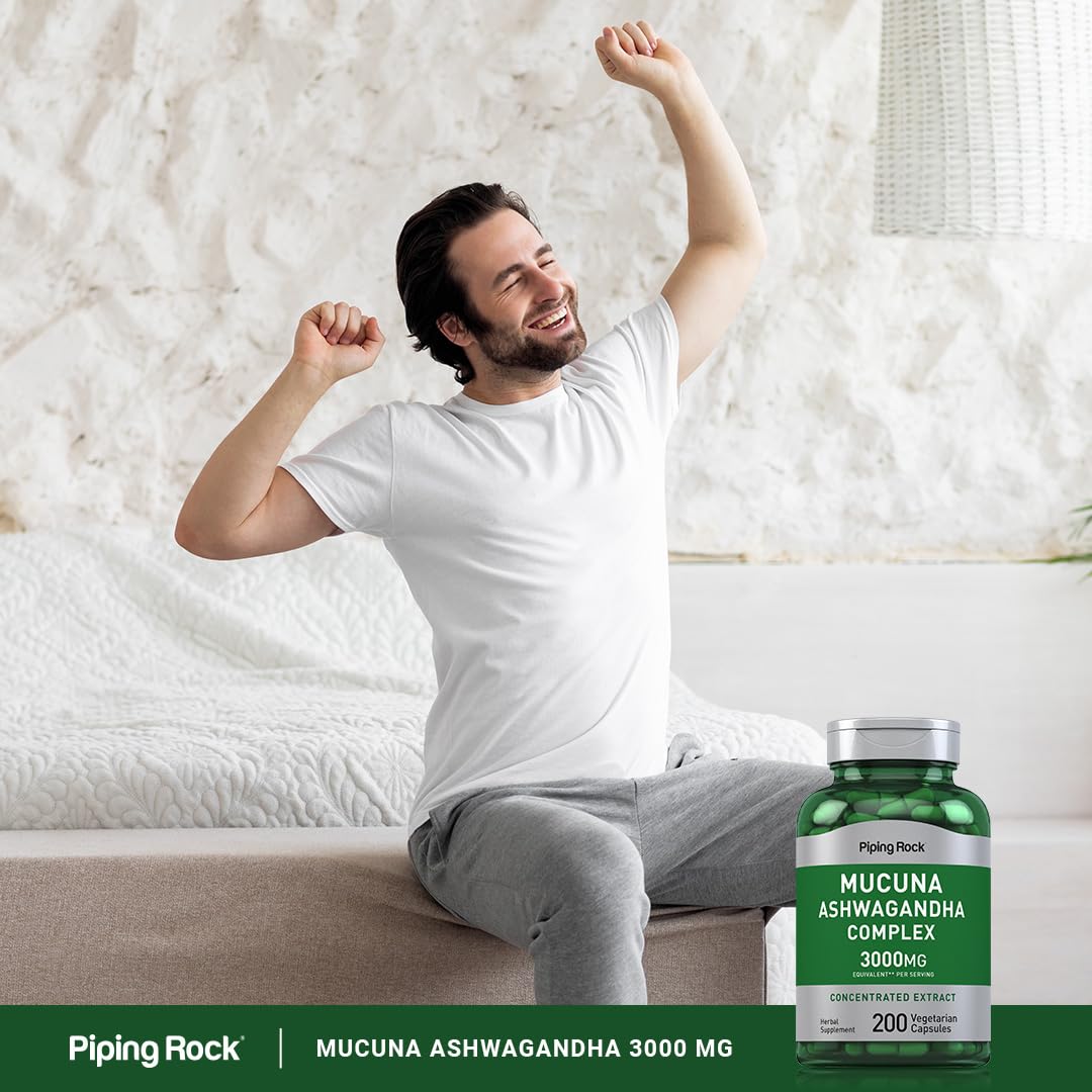 Piping Rock Mucuna Ashwagandha capsules ouvertes sur une table