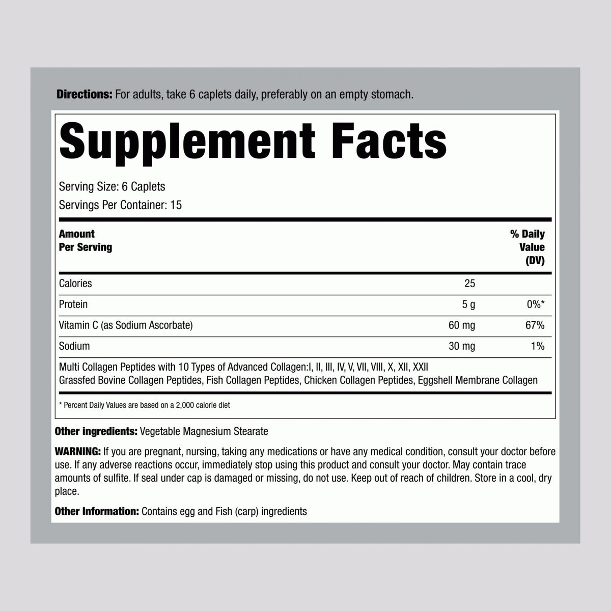 Piping Rock Multi Collagen 6000mg 90 caplets vue arrière