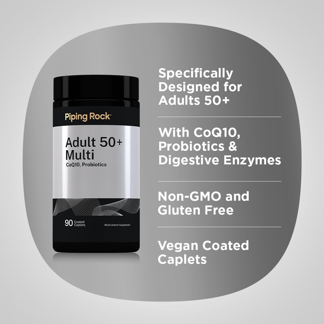 Piping Rock Multivitamines 50+ comprimés enrobés sur une table