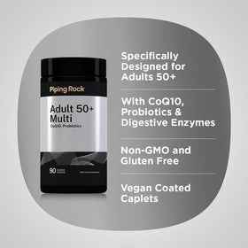 Piping Rock Multivitamines 50+ comprimés enrobés sur une table
