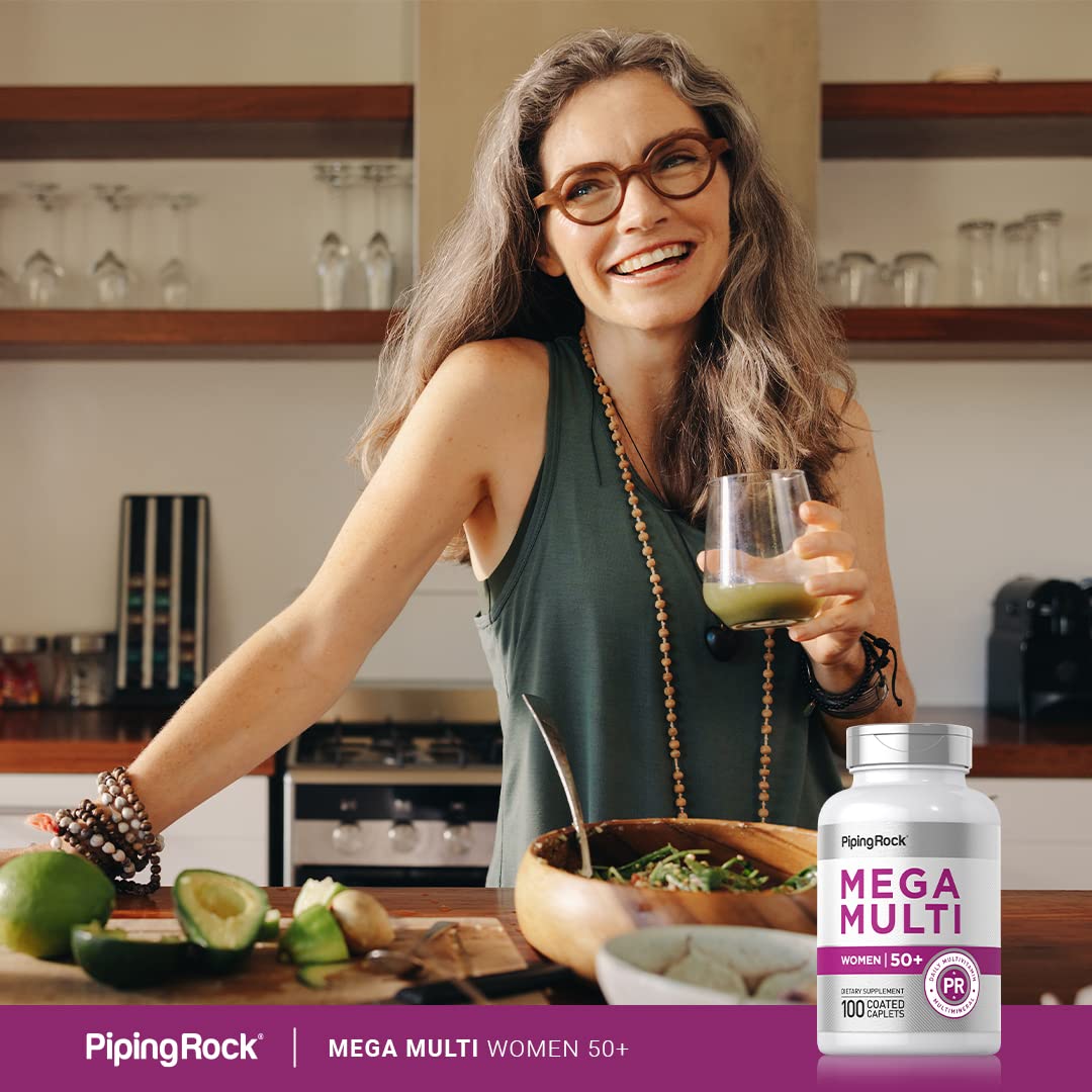 Piping Rock multivitamines femmes 50+ vue de près des comprimés enrobés