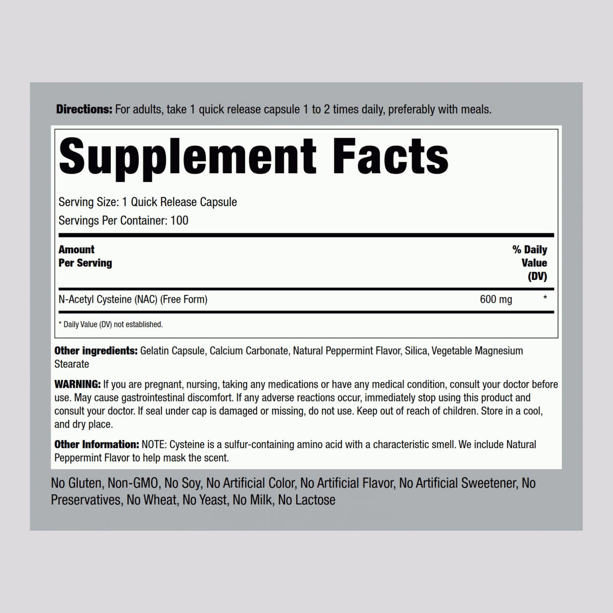 Piping Rock NAC N-Acétyl Cystéine 600mg 100 Capsules - étiquette détaillée