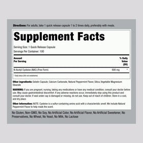 Piping Rock NAC N-Acétyl Cystéine 600mg 100 Capsules - étiquette détaillée