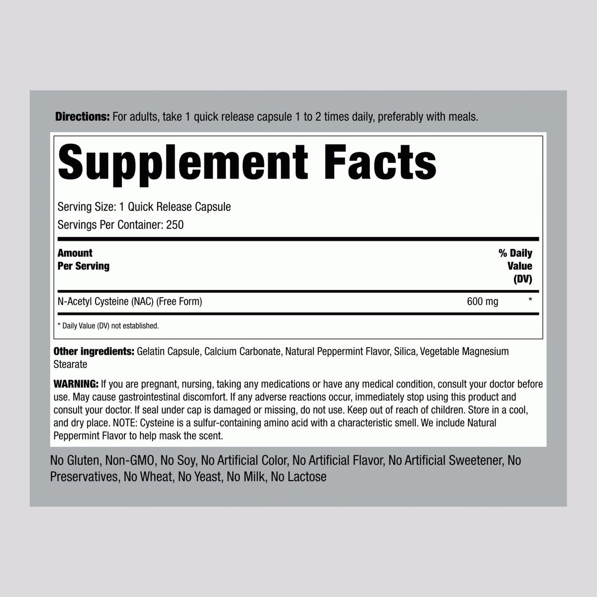 Piping Rock NAC N-Acétylcystéine 600mg capsules vues de dessus