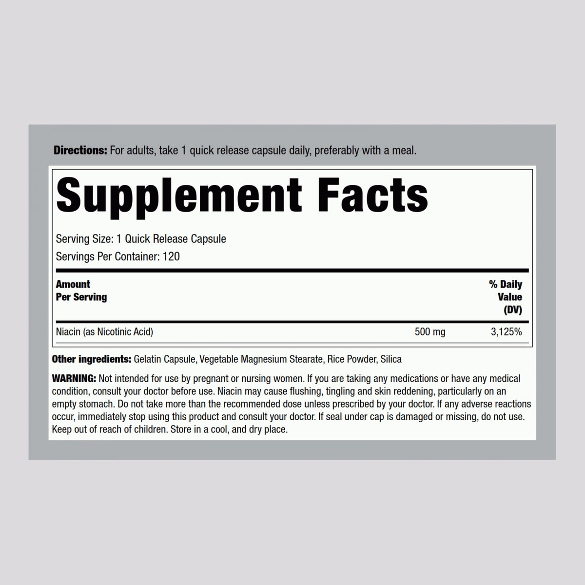 Piping Rock Niacine 500mg avec étiquette et dosage