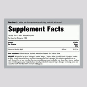 Piping Rock Niacine 500mg avec étiquette et dosage