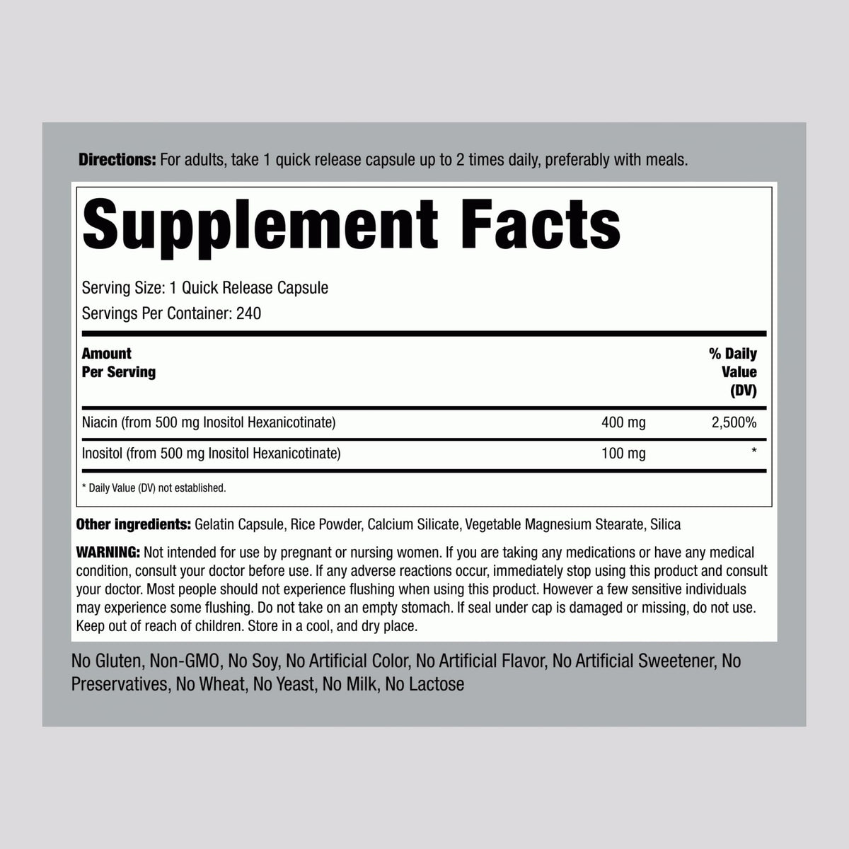 Piping Rock Niacine 500mg capsules avec étiquette