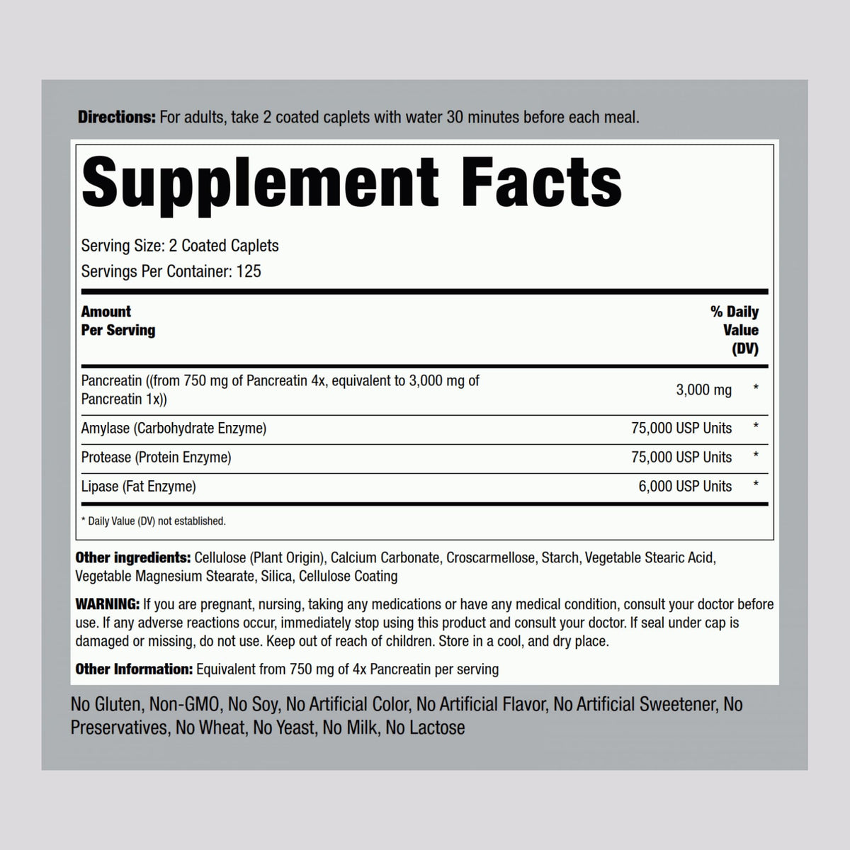 Piping Rock Pancréatine Enzymes daily emballage avec informations