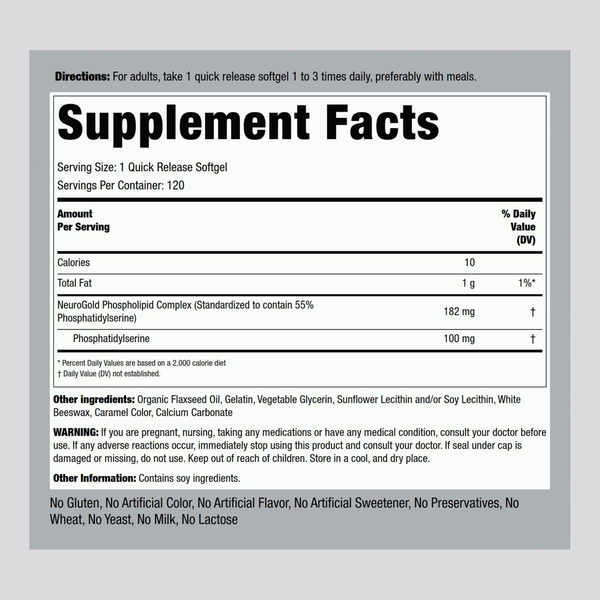 Piping Rock Phosphatidylserine 100 mg 120 gélules molles vue arrière