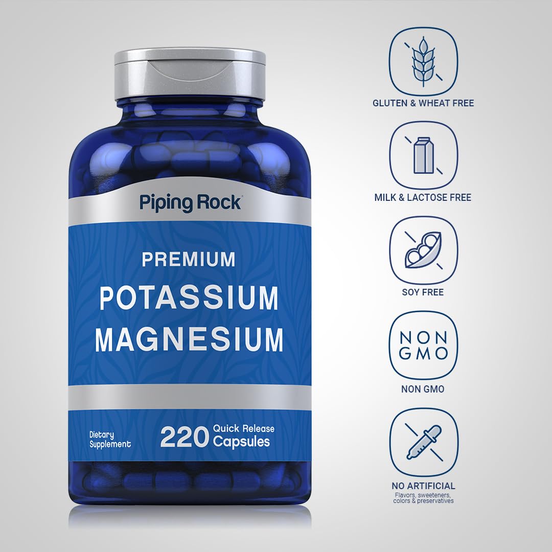 Piping Rock Potassium Magnésium 220 capsules avec étiquette visible