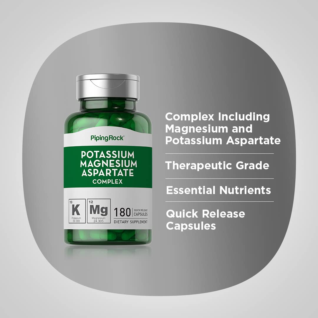 Piping Rock Potassium Magnésium Aspartate 180 gélules sur fond blanc