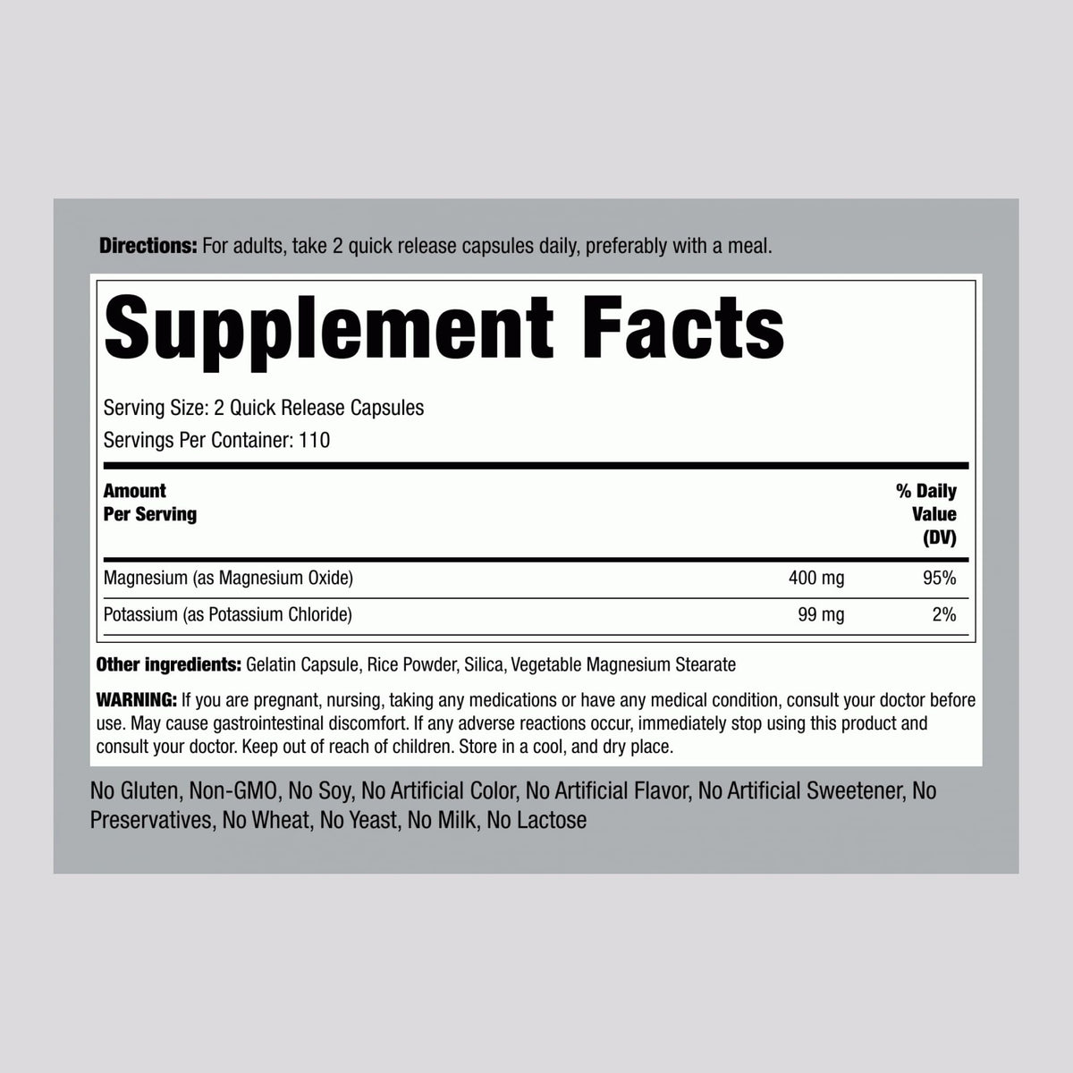 Piping Rock Potassium Magnésium capsules sur une surface claire