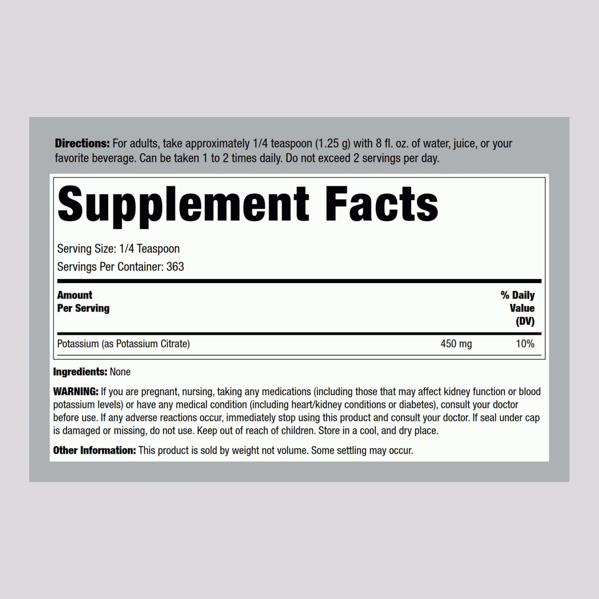 Piping Rock Poudre de Citrate de Potassium 454g - étiquette avec informations