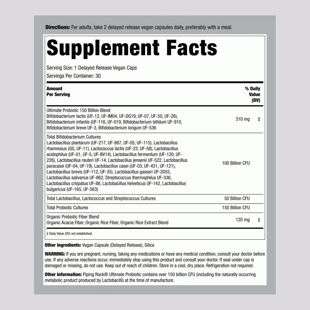 Piping Rock Probiotique 150 Milliards CFU 30 Capsules, vue arrière