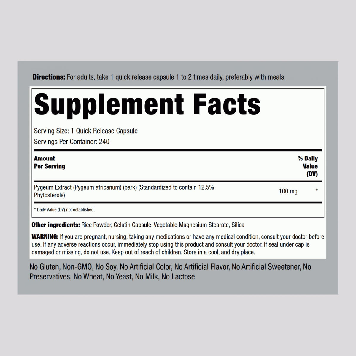 Piping Rock Pygeum 100mg capsules ouvertes montrant le contenu
