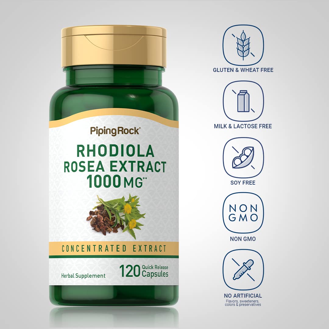 Piping Rock Rhodiola Rosea capsules sur un fond neutre