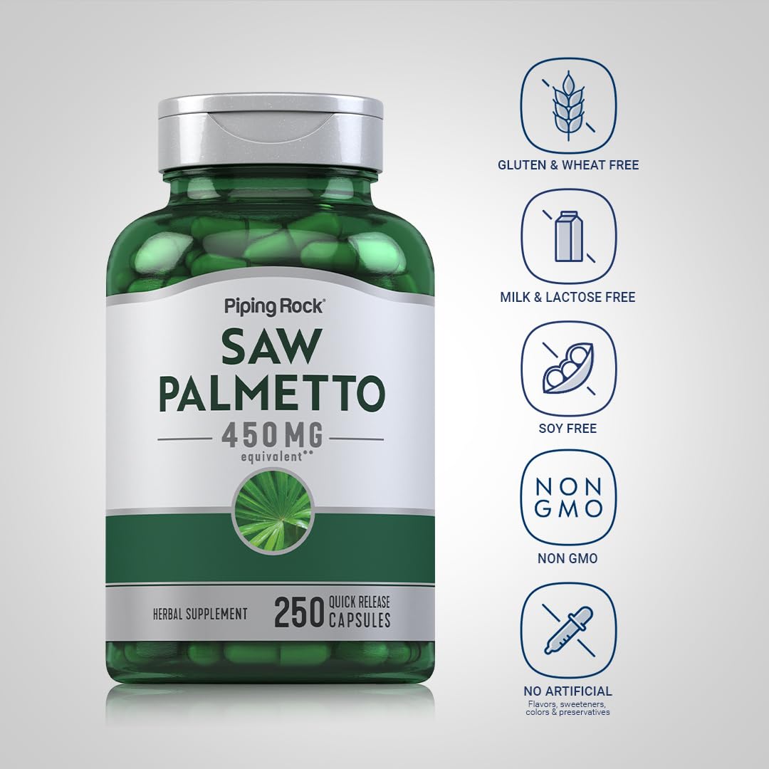 Piping Rock Saw Palmetto 450mg capsules sur fond blanc