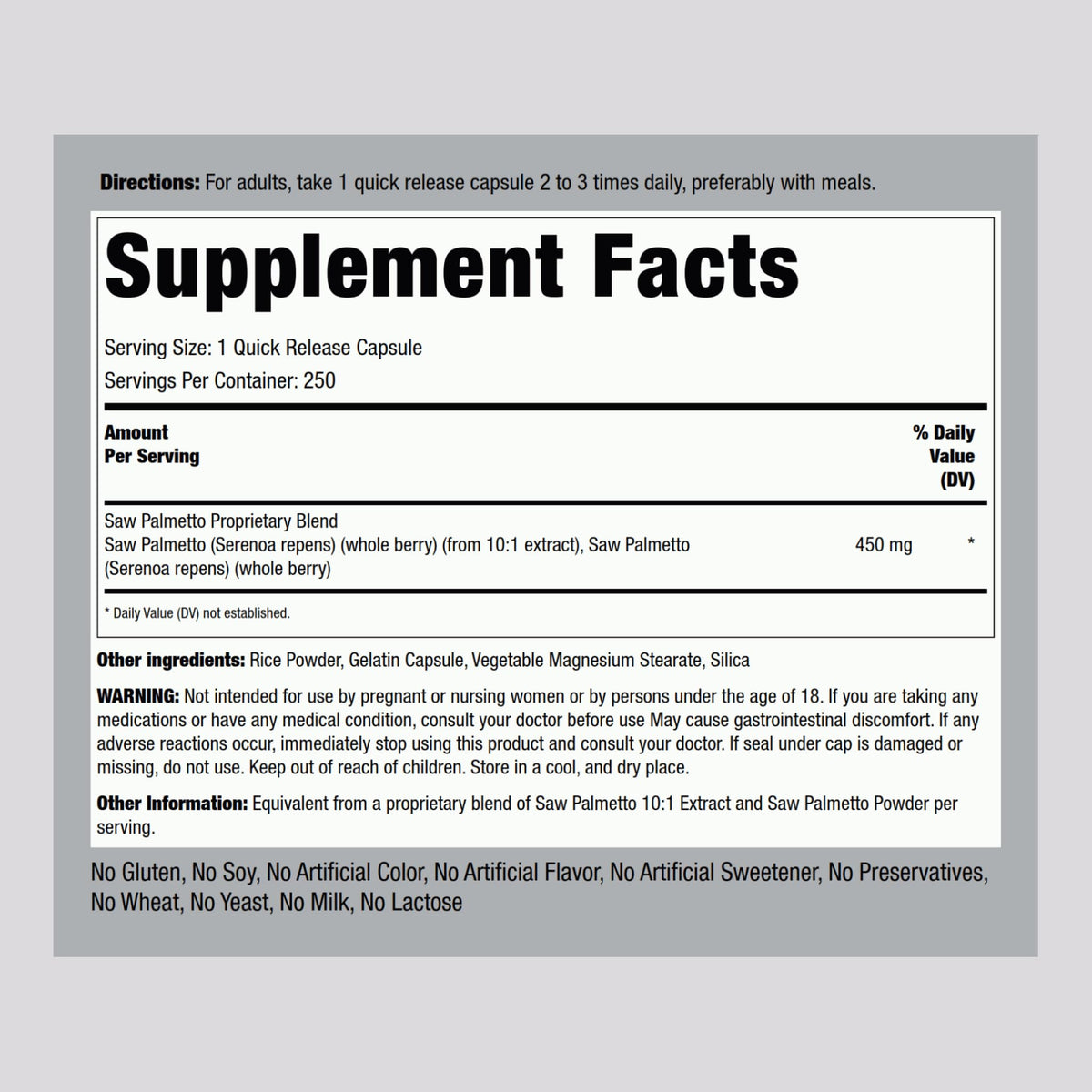 Piping Rock Saw Palmetto capsules avec étiquette et dosage
