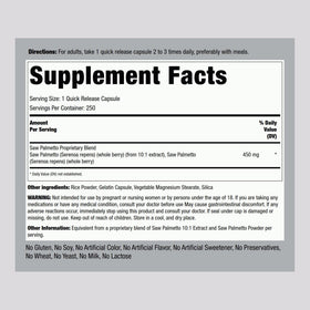 Piping Rock Saw Palmetto capsules avec étiquette et dosage