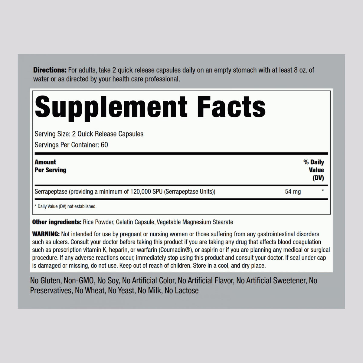 Piping Rock Serrapeptase 120000 SPU packaging side view