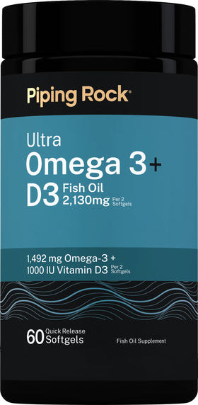 Piping Rock Ultra Omega 3 + D3 2130mg capsules front view